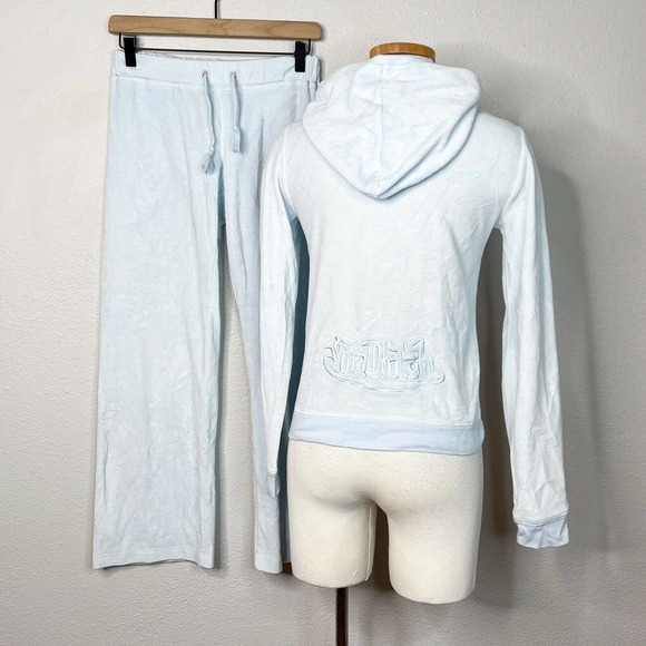 Von Dutch Pants - Von Dutch VTG Y2K Velour Tracksuit Low Rise Zip Up Light Blue Womens M Medium